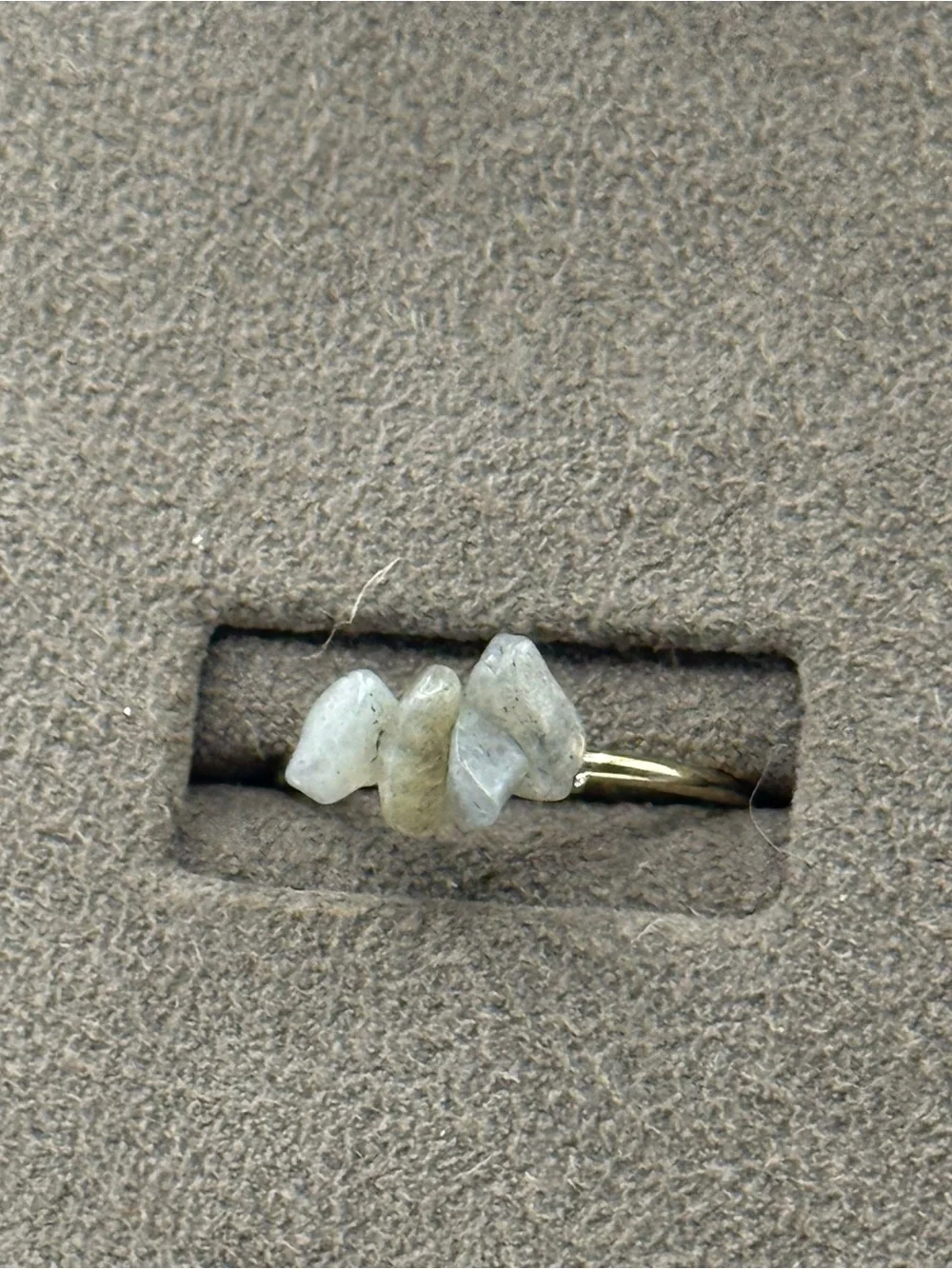 Gold tone Band Ring with Light Gray Labradorite Chip Stones